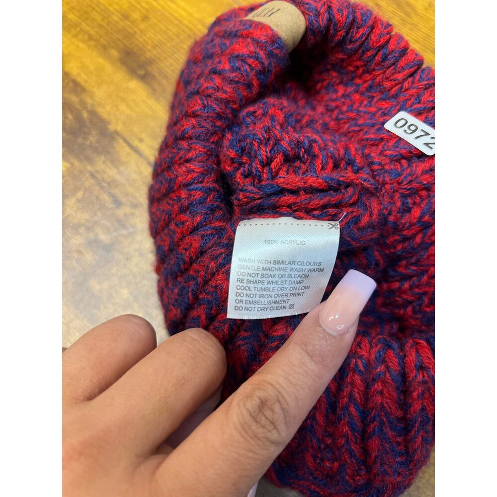 NWOT Furtalk women knit beanie hat with ponytail opening red purple 0972 - Picture 6 of 7